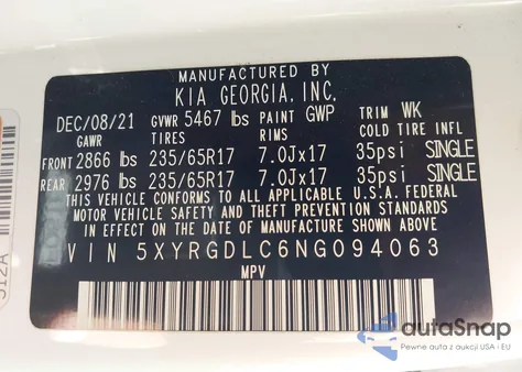 2022 Kia Sorento Lx z USA, uszkodzony, nr VIN 5XYRGDLC6NG094063